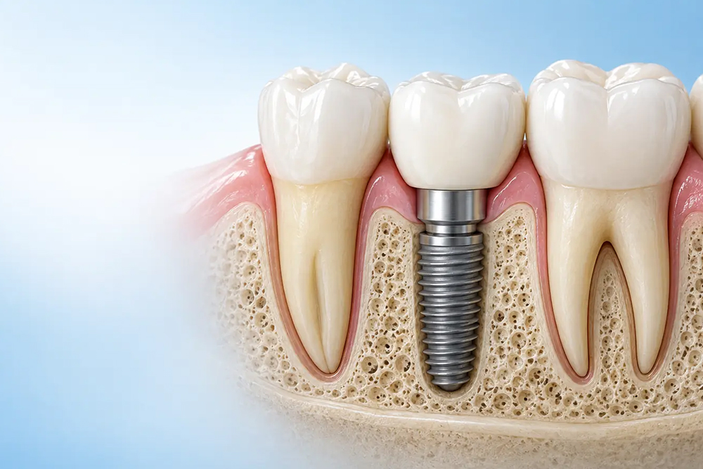 Cutaway illustration showing a dental implant, abutment and crown positioned between natural teeth.