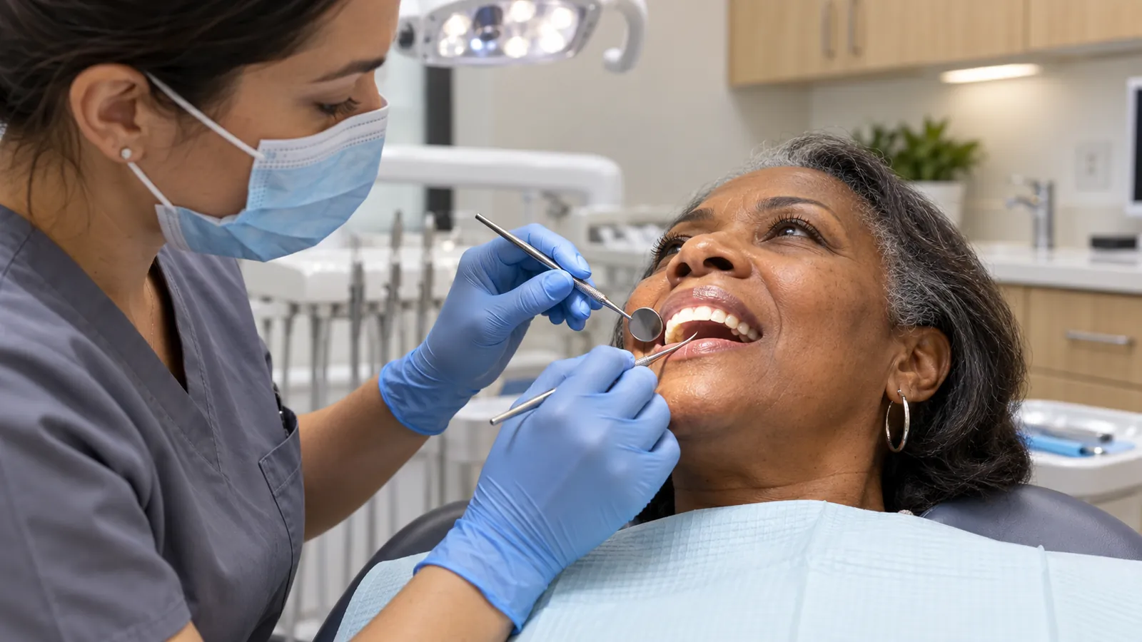 Dentist discusses gum health and dental implant planning with a patient using a gum model.