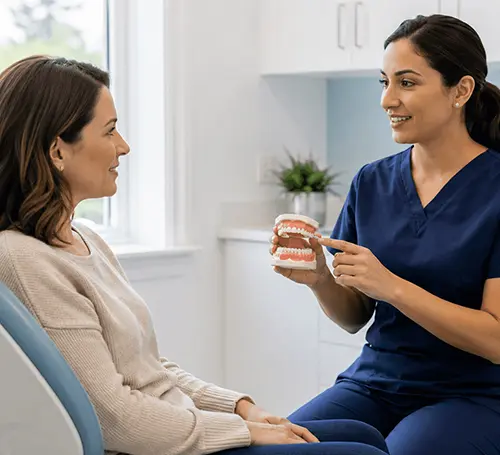 Dentist speaking with a patient about gum health.