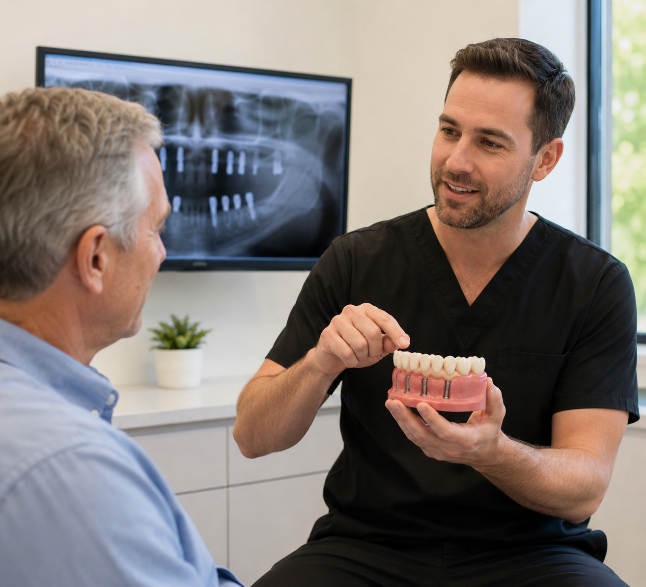 Patient discussing All-on-X and full-arch dental implant treatment options with a dentist.